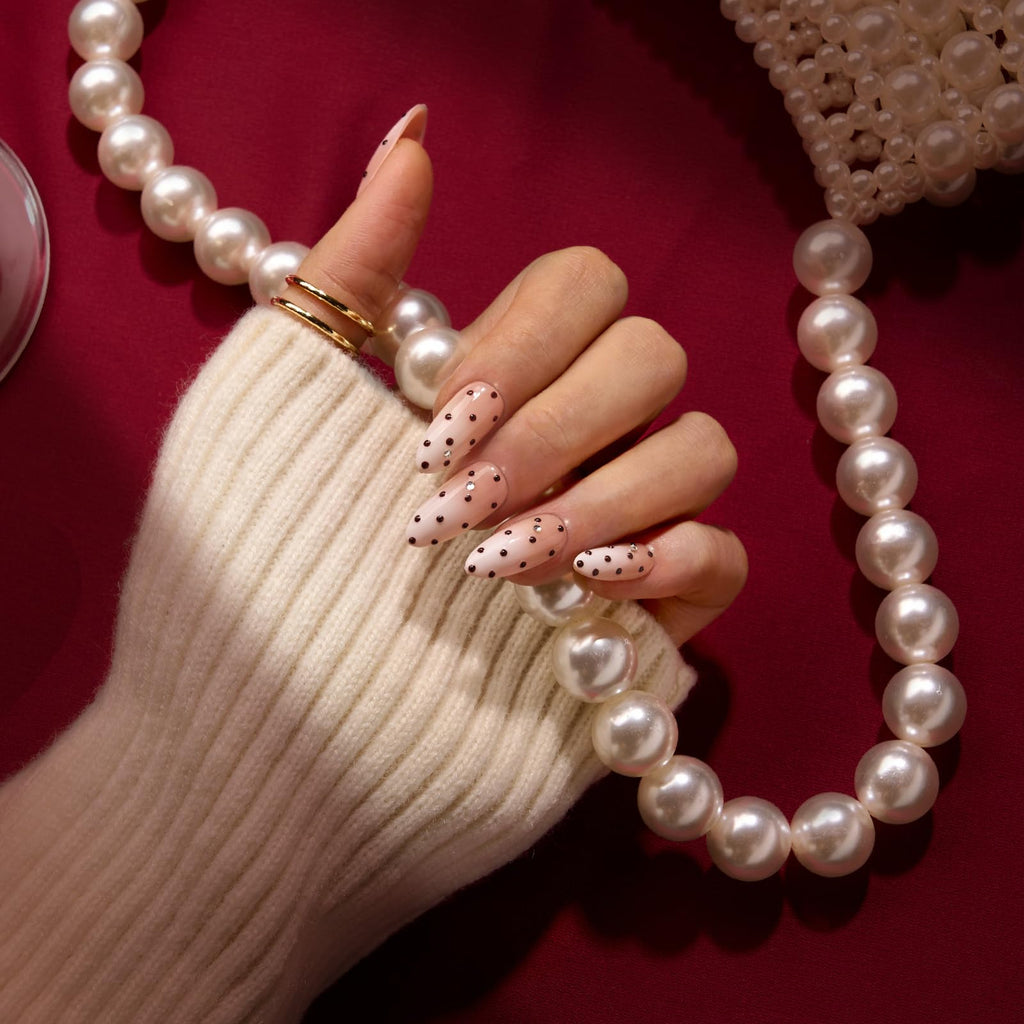 BTArtbox Press On Nails Almond – Gala Polka 3D Ombre (Medium) Kit with Glue & Tabs, 16 Sizes