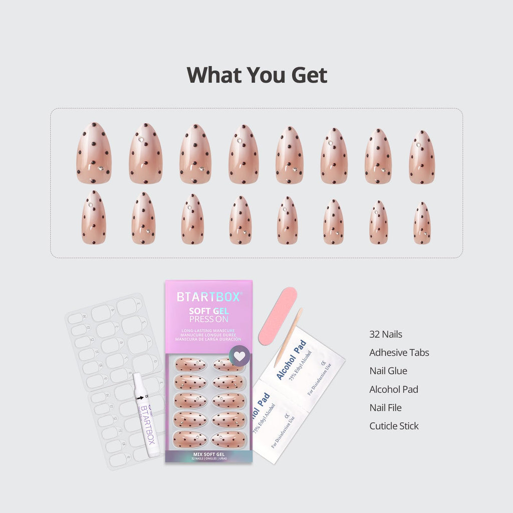 BTArtbox Press On Nails Almond – Gala Polka 3D Ombre (Medium) Kit with Glue & Tabs, 16 Sizes
