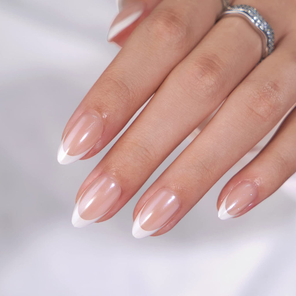 BTArtbox French Tip Press On Nails: White Almond Medium Gel Nails Kit (15 Sizes)