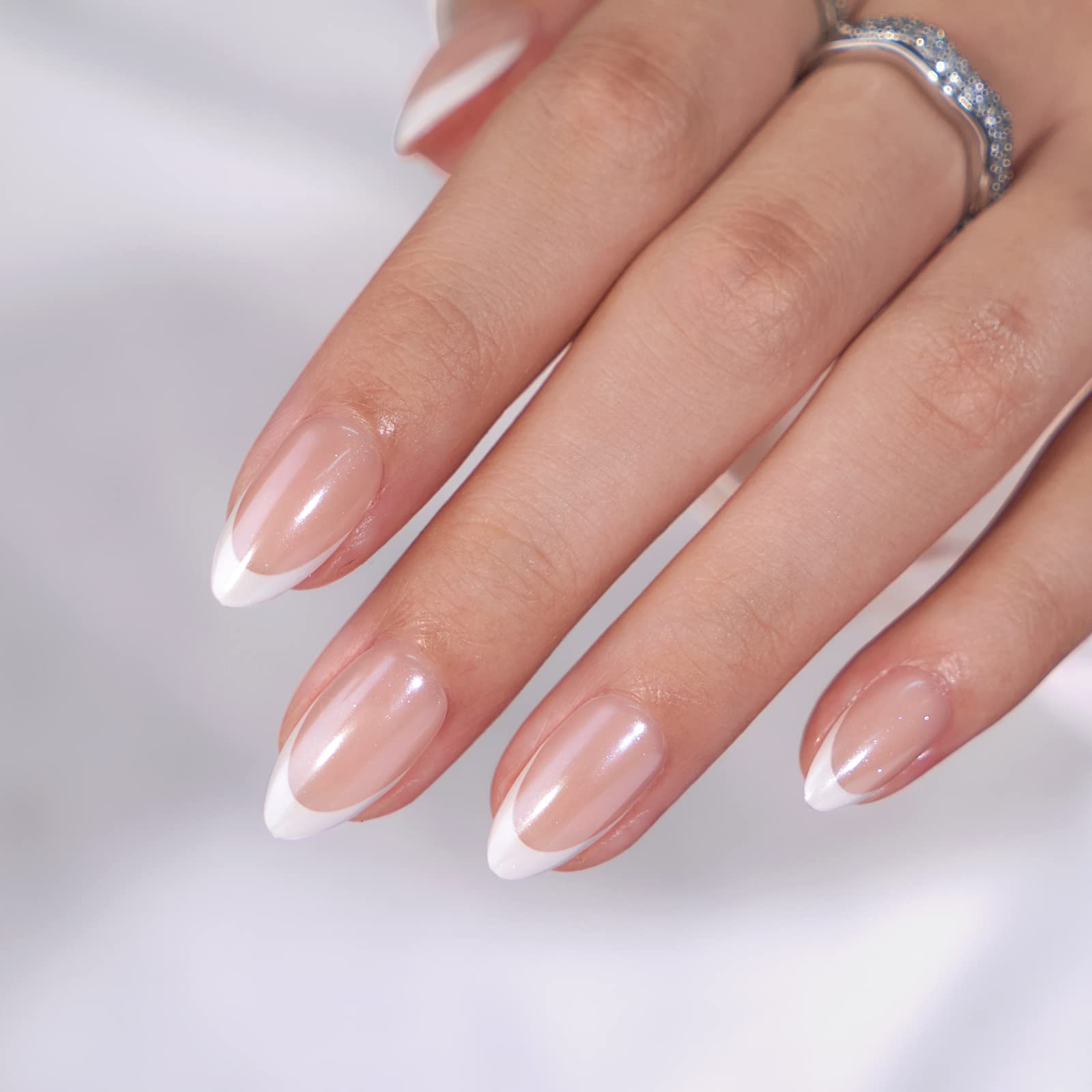 BTArtbox French Tip Press On Nails: White Almond Medium Gel Nails Kit (15 Sizes)