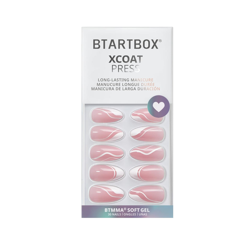 BTArtbox Press On Nails Medium – Soft Gel French Tip, Almond Shape, White Swirl, 15 Sizes + Glue & Tools