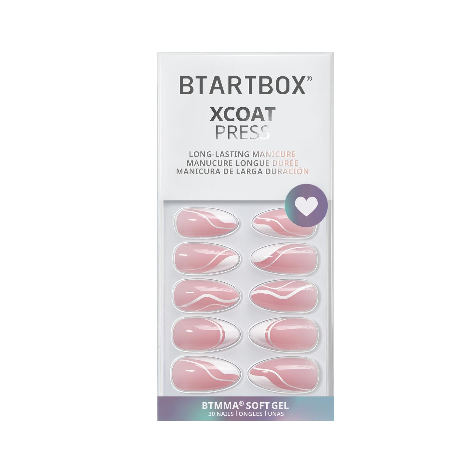 BTArtbox Press On Nails Medium – Soft Gel French Tip, Almond Shape, White Swirl, 15 Sizes + Glue & Tools