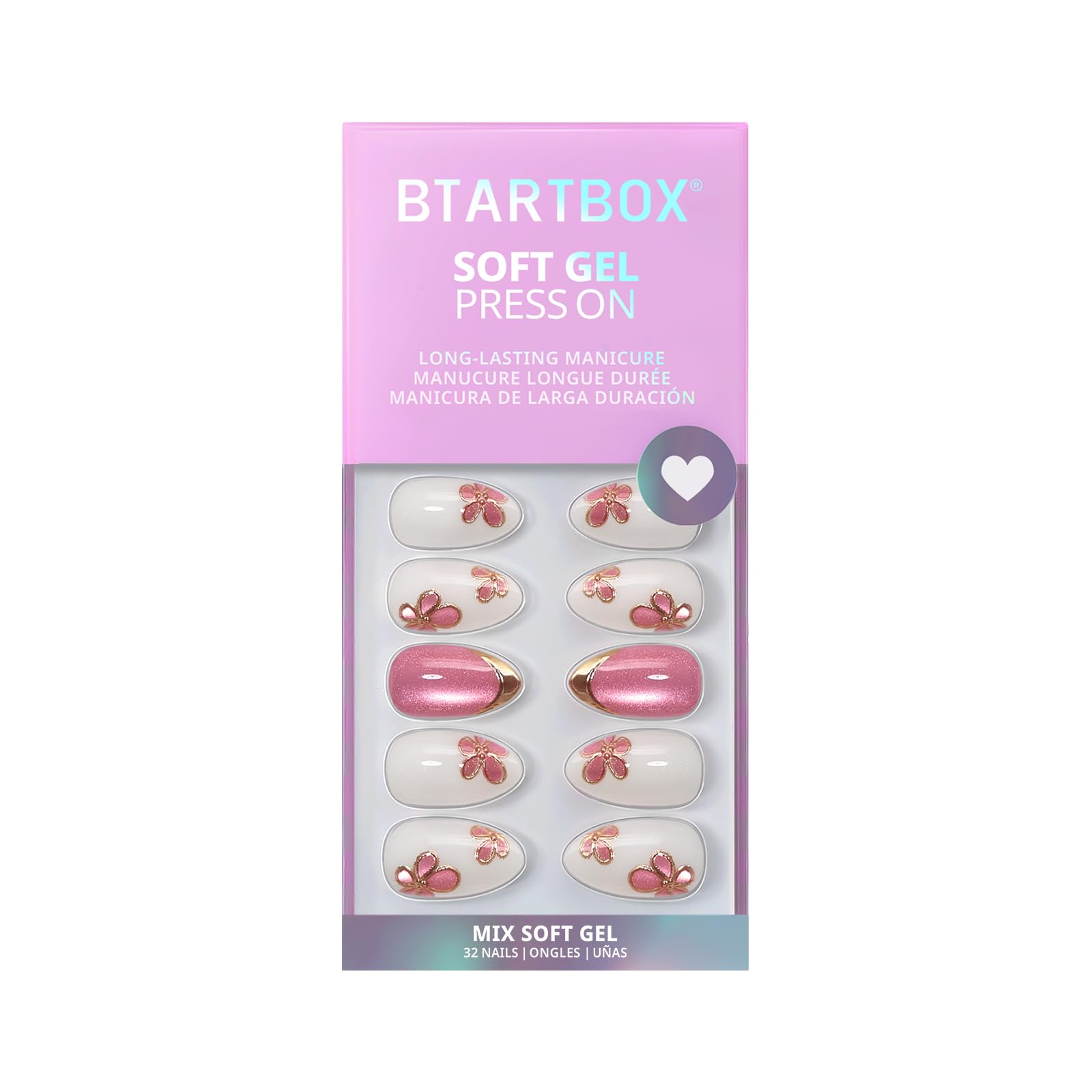 BTArtbox Almond Confetti Petals Press-On Nails Kit – 32 Soft Gel Nails, Glue & Tabs