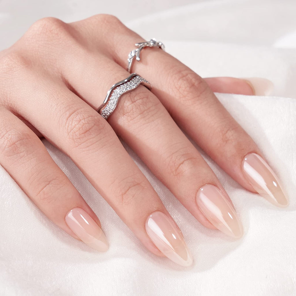 BTArtbox Press On Nails Medium Almond – Chrome Finish, Glazed Donut, 16-Size Nude Glue-On Nails