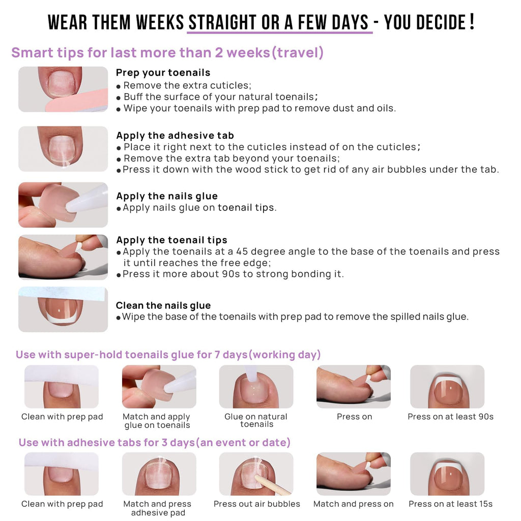 BTArtbox Press On Toenails – Short White French Tips, 32 Kit, 16 Sizes