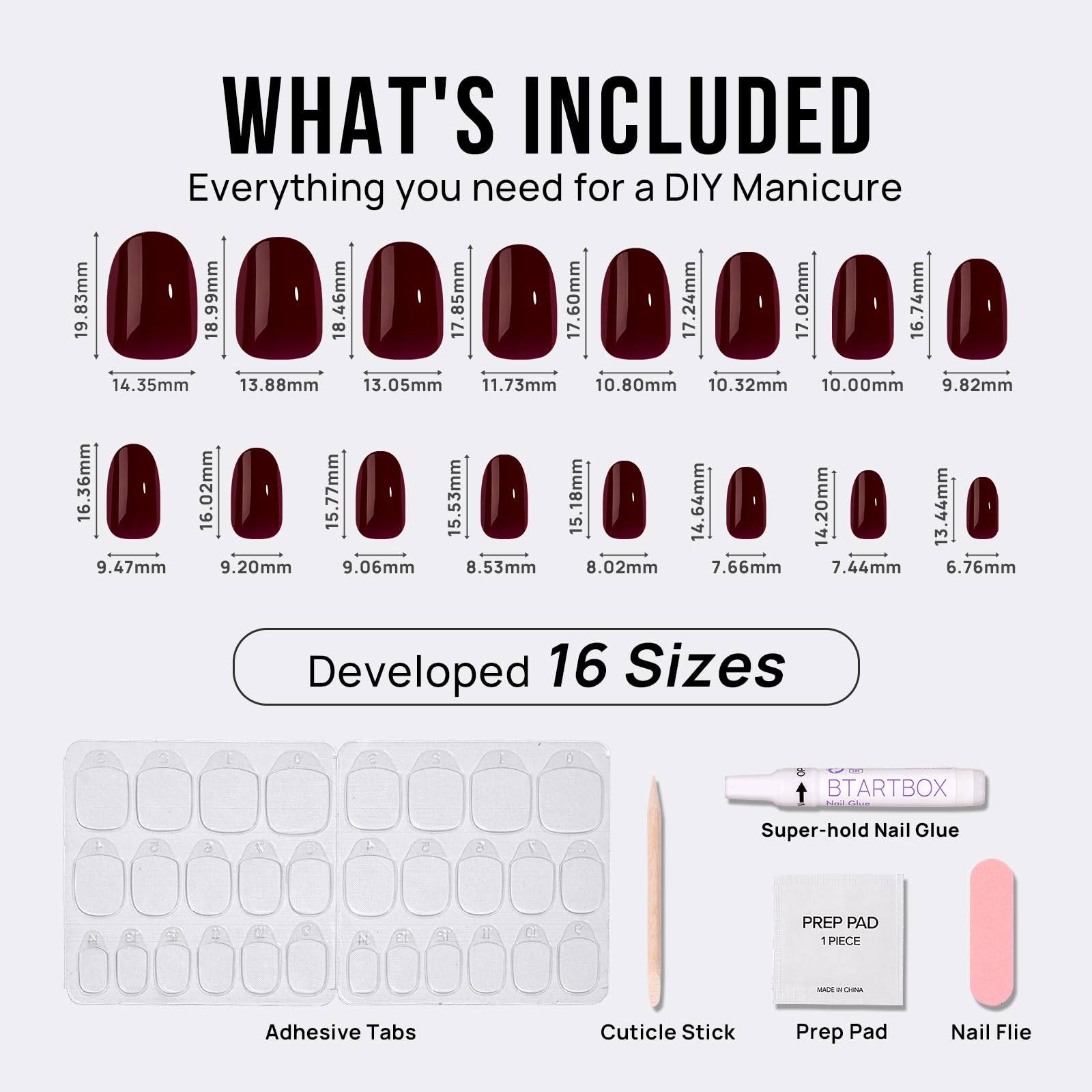 BTArtbox Press On Nails Short – Coffee Bean (Dark Red) | 16 Sizes
