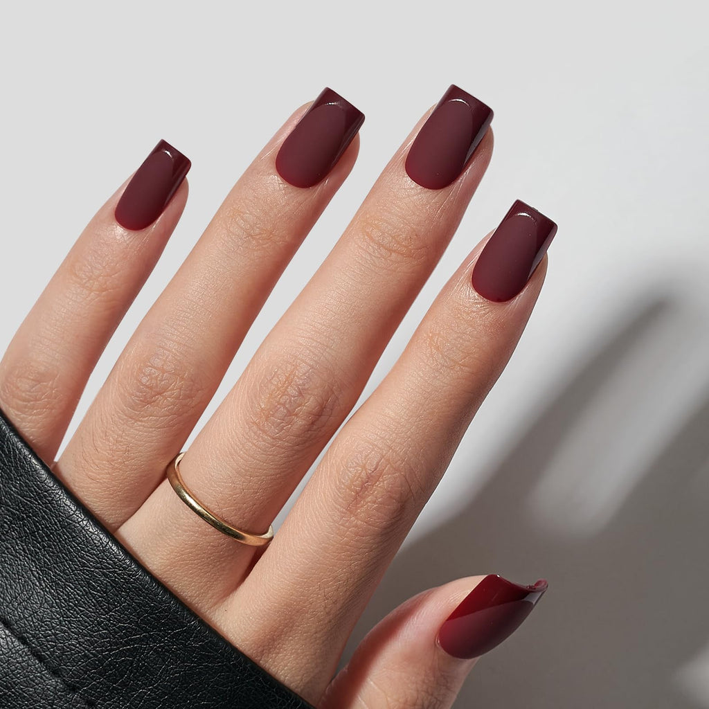 BTArtbox Cozy Cocoa Press-On Nails — Short Square, Glossy French Tips, Matte Finish, 16 Sizes, Valentine’s Day Gift