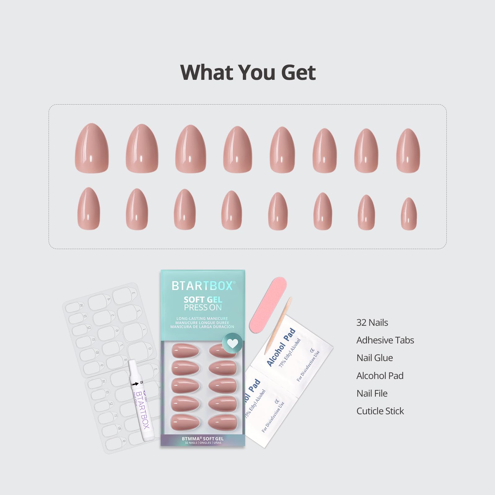 BTArtbox Almond Press On Nails – Flesh Pink Nude Short, Glue Kit