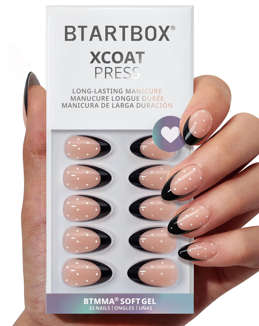 BTArtbox Dot Couture Press On Nails Short - Almond Black French Tip, 32-Count Kit