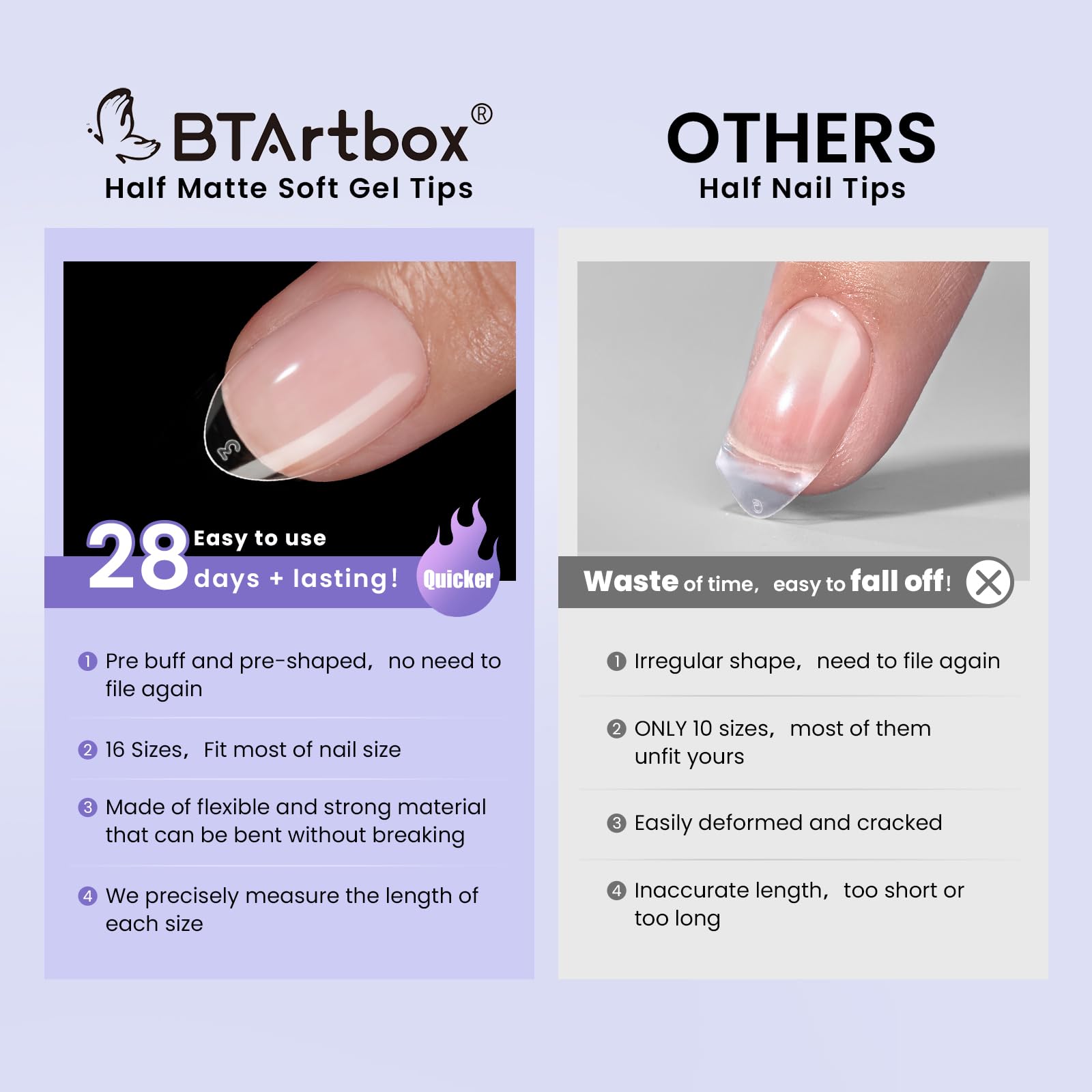 BTArtbox Extra Short Almond Nail Tips – 320pcs, 16 Sizes, Soft Gel, Half Matte, Clear