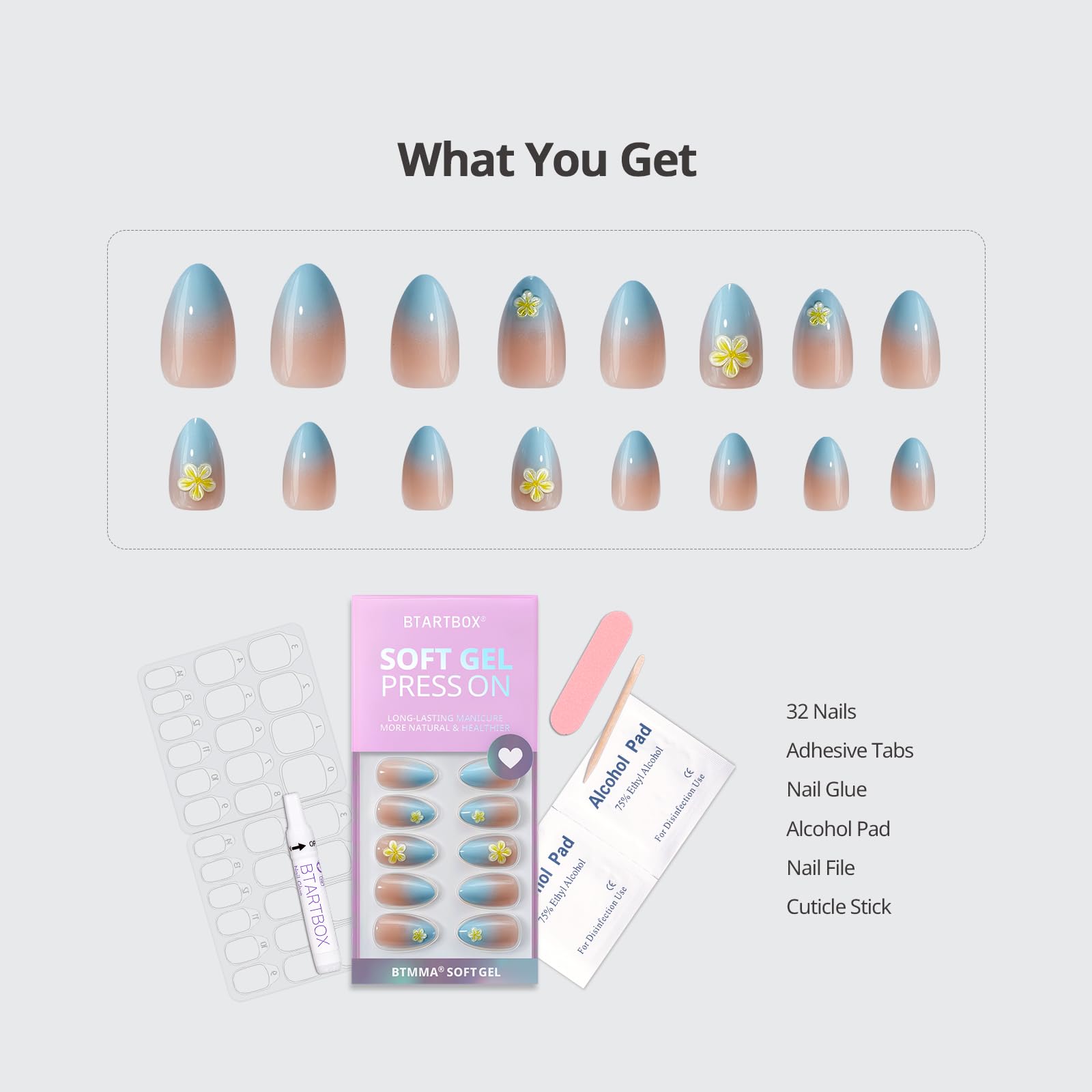 BTArtbox Short Ombre Flower Almond Press On Nails – Garden Party Kit, 32 Nails, 16 Sizes
