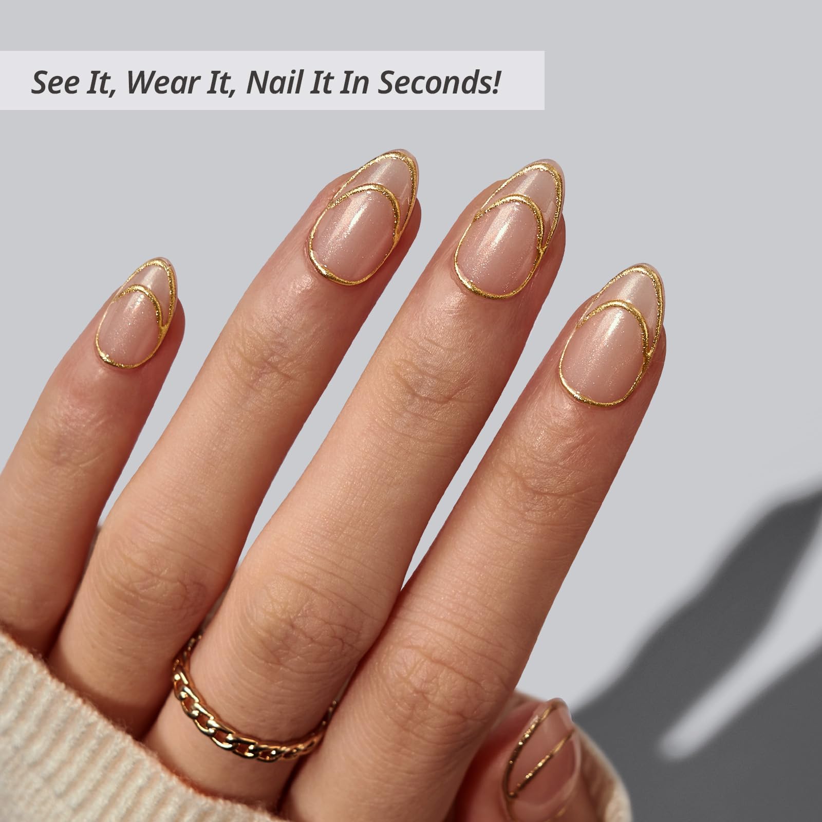 BTArtbox French Tip Press On Nails – Double Gold, Lamp-Curable 3D Gold Line, Short Almond Kit (32 Nails)