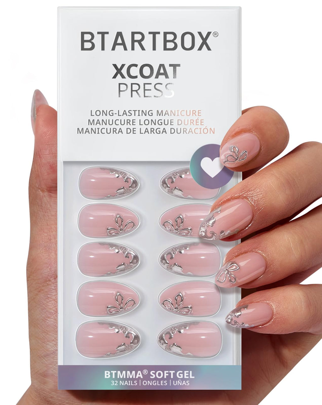 BTArtbox Frost Glam Press On Nails Short – 32-Piece Kit, 16 Sizes, Lamp-Curable 3D Silver Flower Almond Nails
