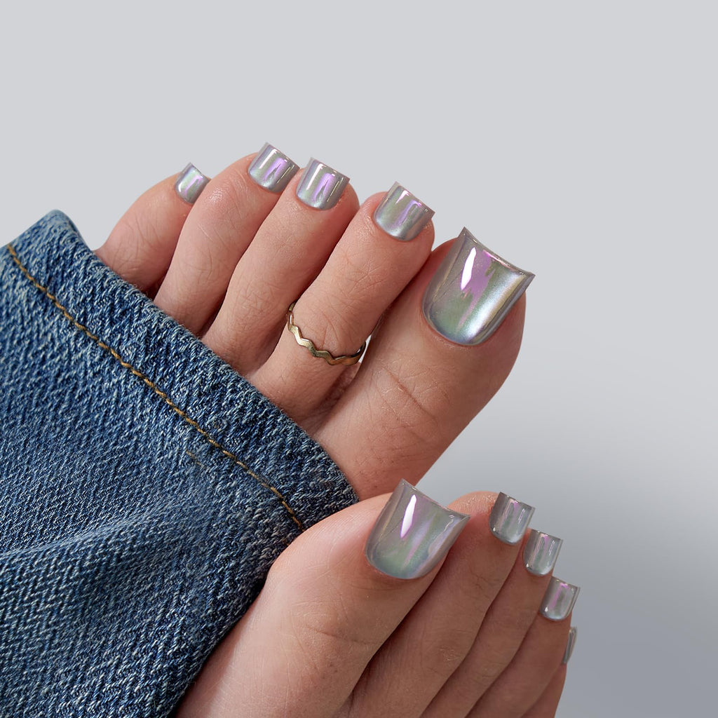 BTArtbox Galaxy Gleam Press On Toenails – Lamp-Curable Sharp Square Chrome Tips, 30 Nails Kit, 6 Sizes