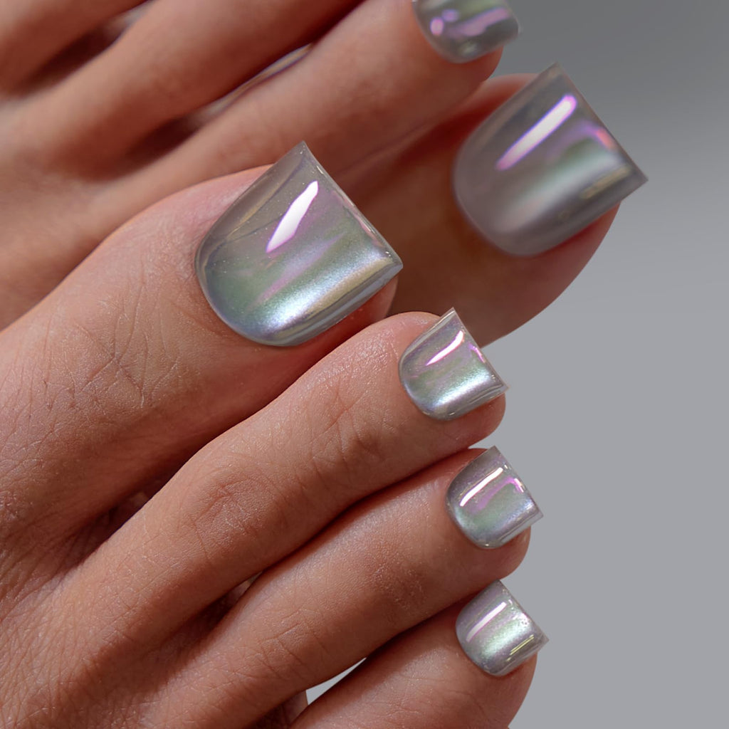 BTArtbox Galaxy Gleam Press On Toenails – Lamp-Curable Sharp Square Chrome Tips, 30 Nails Kit, 6 Sizes