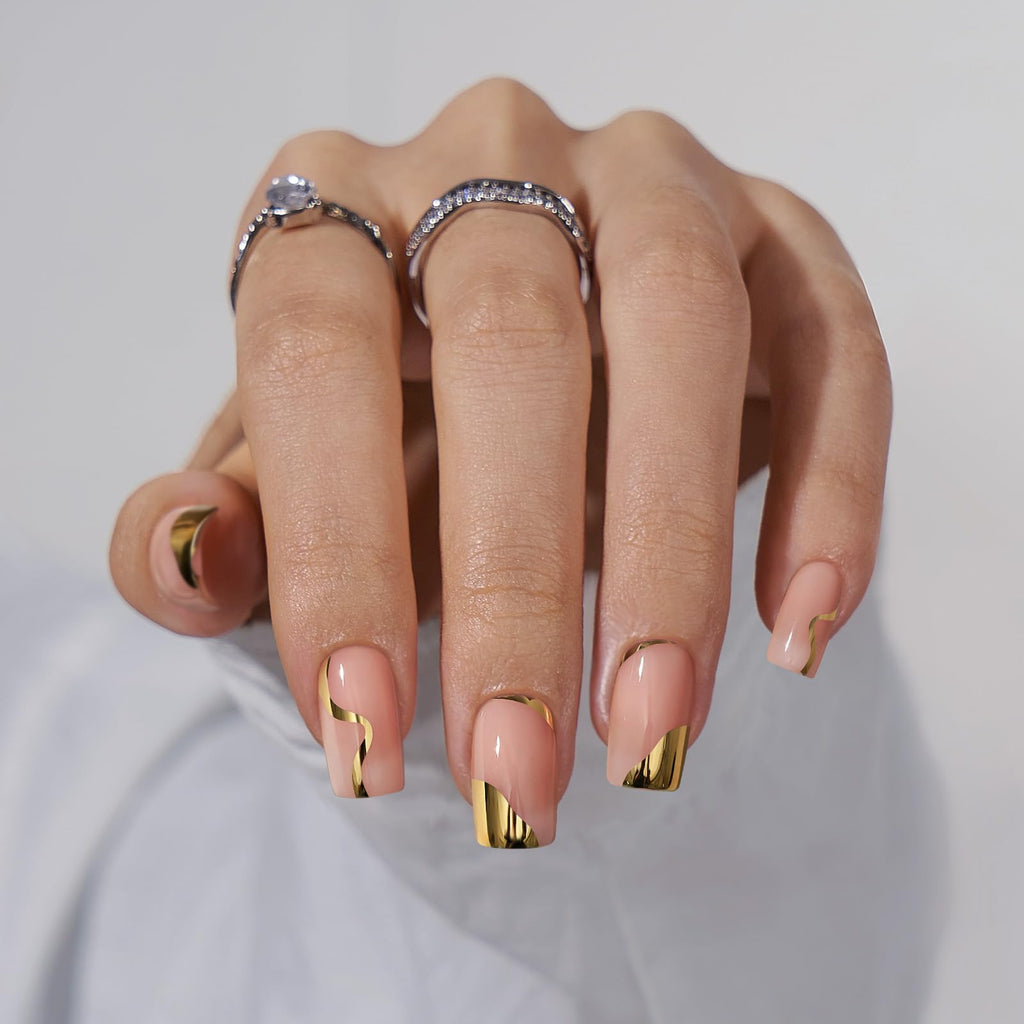 BTArtbox Gold Leaf Short Square Press On Nails – 30 Nail Kit, 16 Sizes