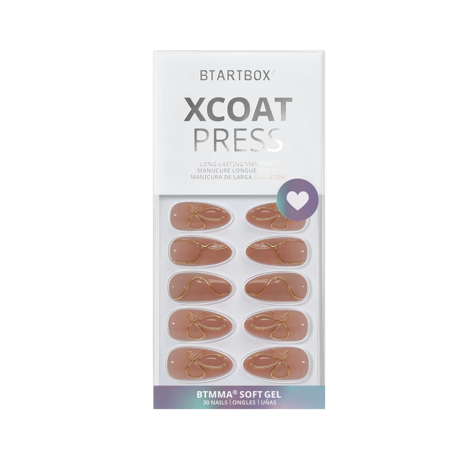 BTArtbox Press On Nails Almond – 3D Gold Lines, 15 Sizes, Glue Included