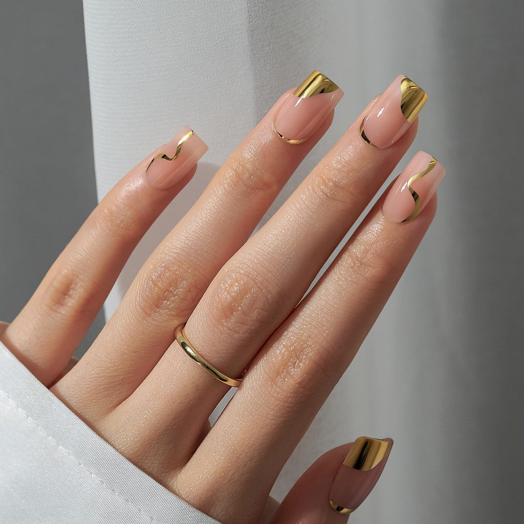 BTArtbox Gold Leaf Short Square Press On Nails – 30 Nail Kit, 16 Sizes