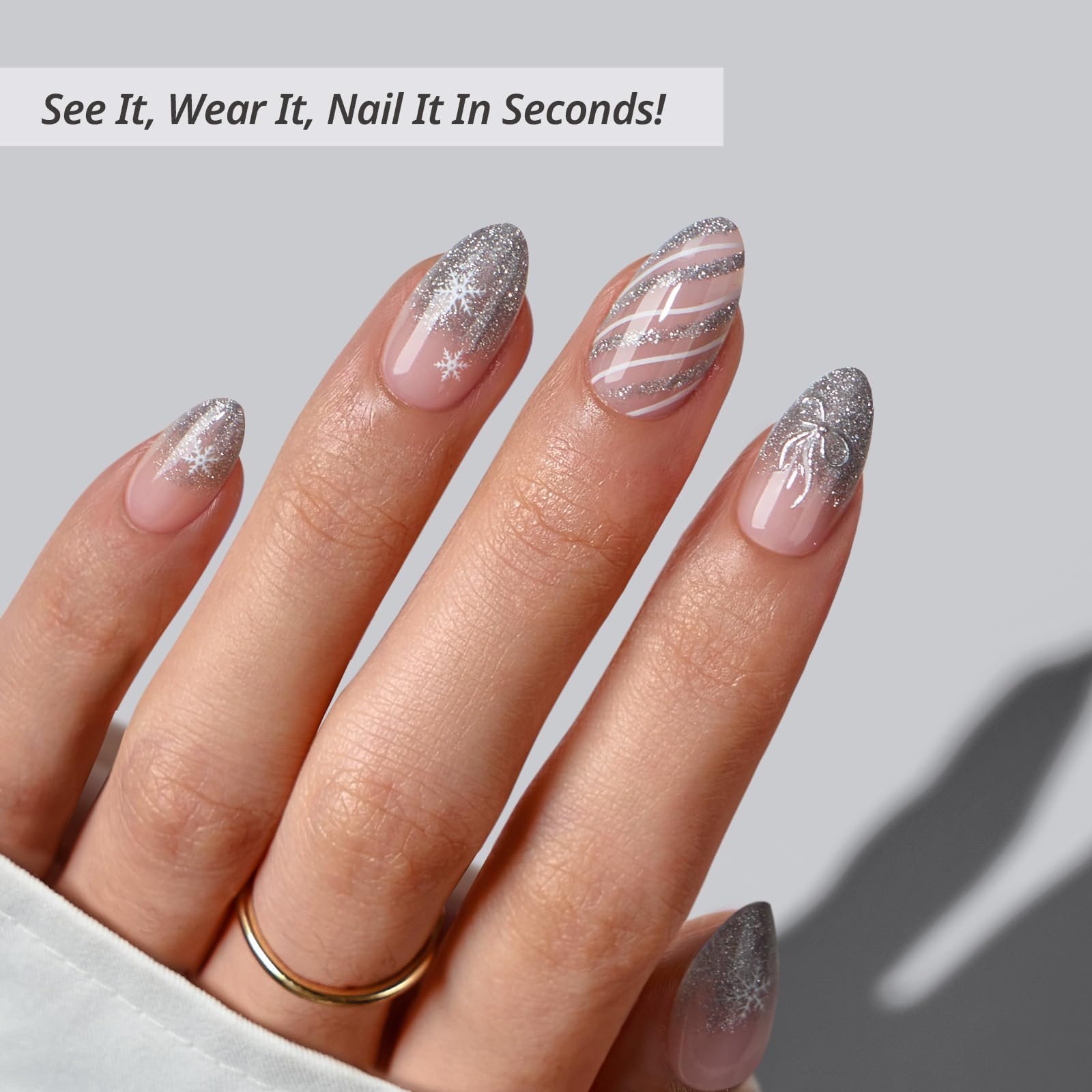 BTArtbox French Tip Press On Nails – Sparkle Bow, Lamp-Curable Short Almond Kit