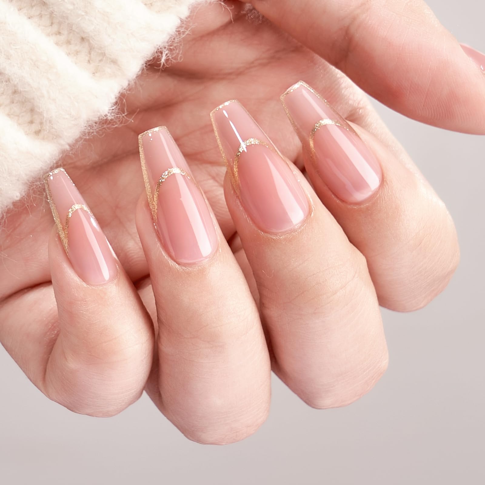 BTArtbox Press On Nails Long - Rose Gold Outline French Tip, Coffin Shape, Reusable Soft Gel, 15 Sizes