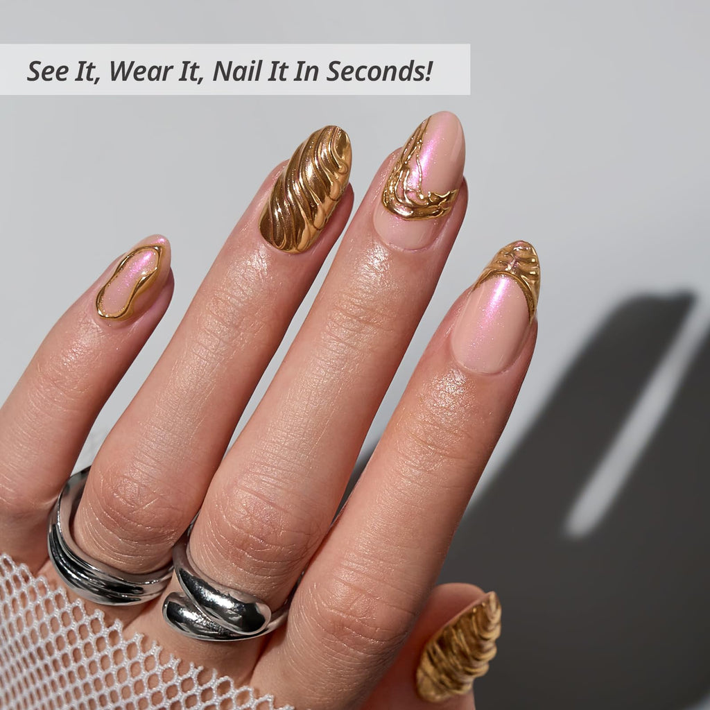 BTArtbox Metalhead Press On Nails Short – 3D Gold Sculpting Almond Nails Kit with Glue (32 Nails)