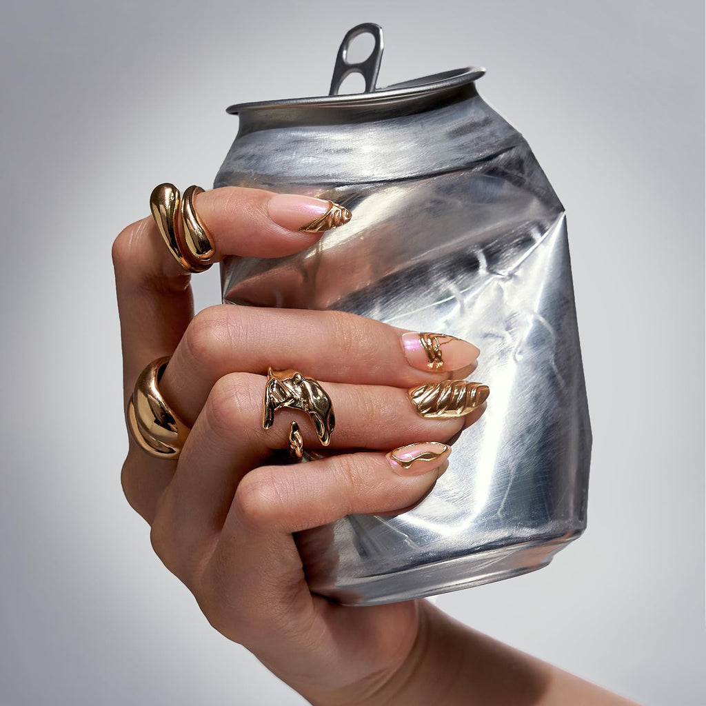 BTArtbox Metalhead Press On Nails Short – 3D Gold Sculpting Almond Nails Kit with Glue (32 Nails)