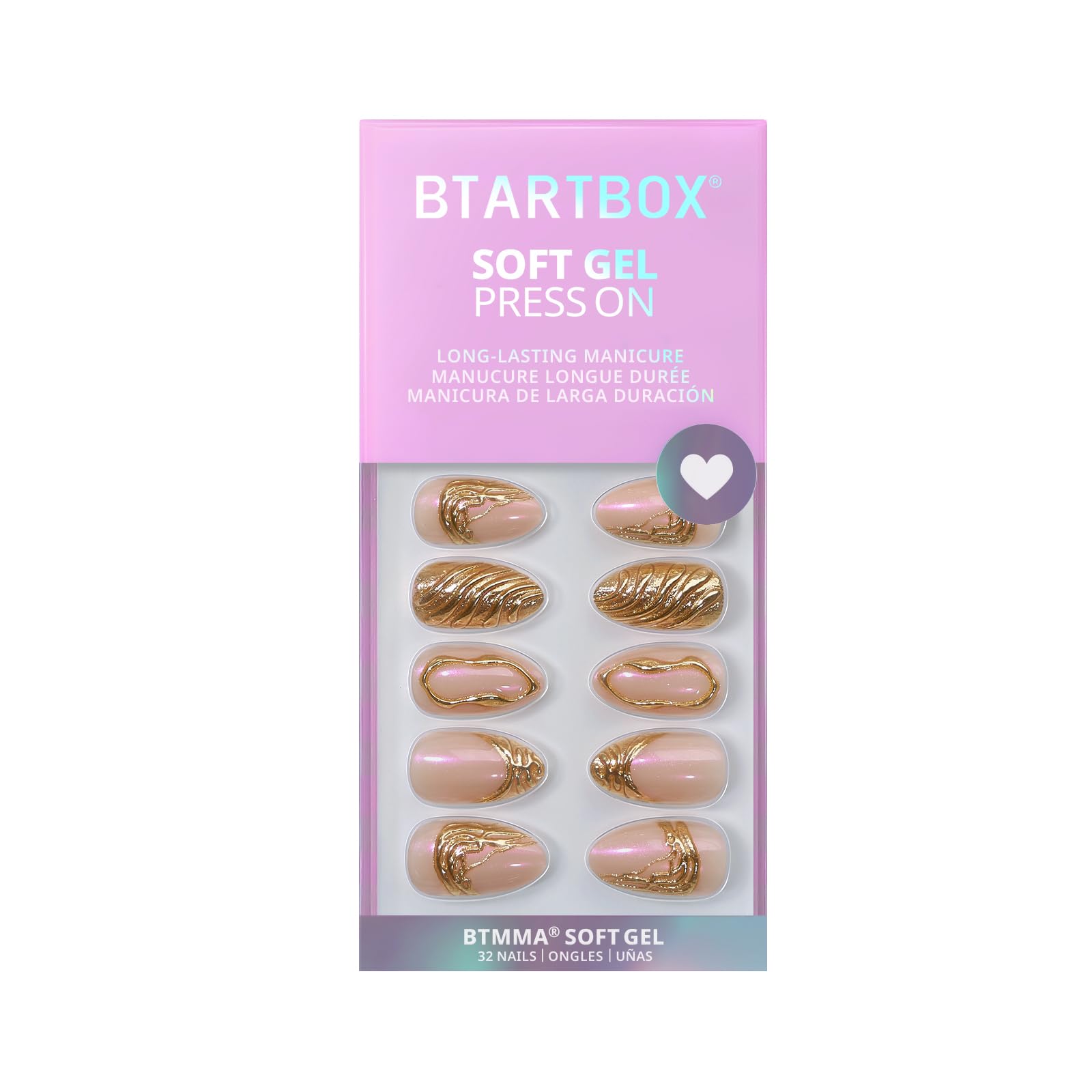 BTArtbox Metalhead Press On Nails Short – 3D Gold Sculpting Almond Nails Kit with Glue (32 Nails)