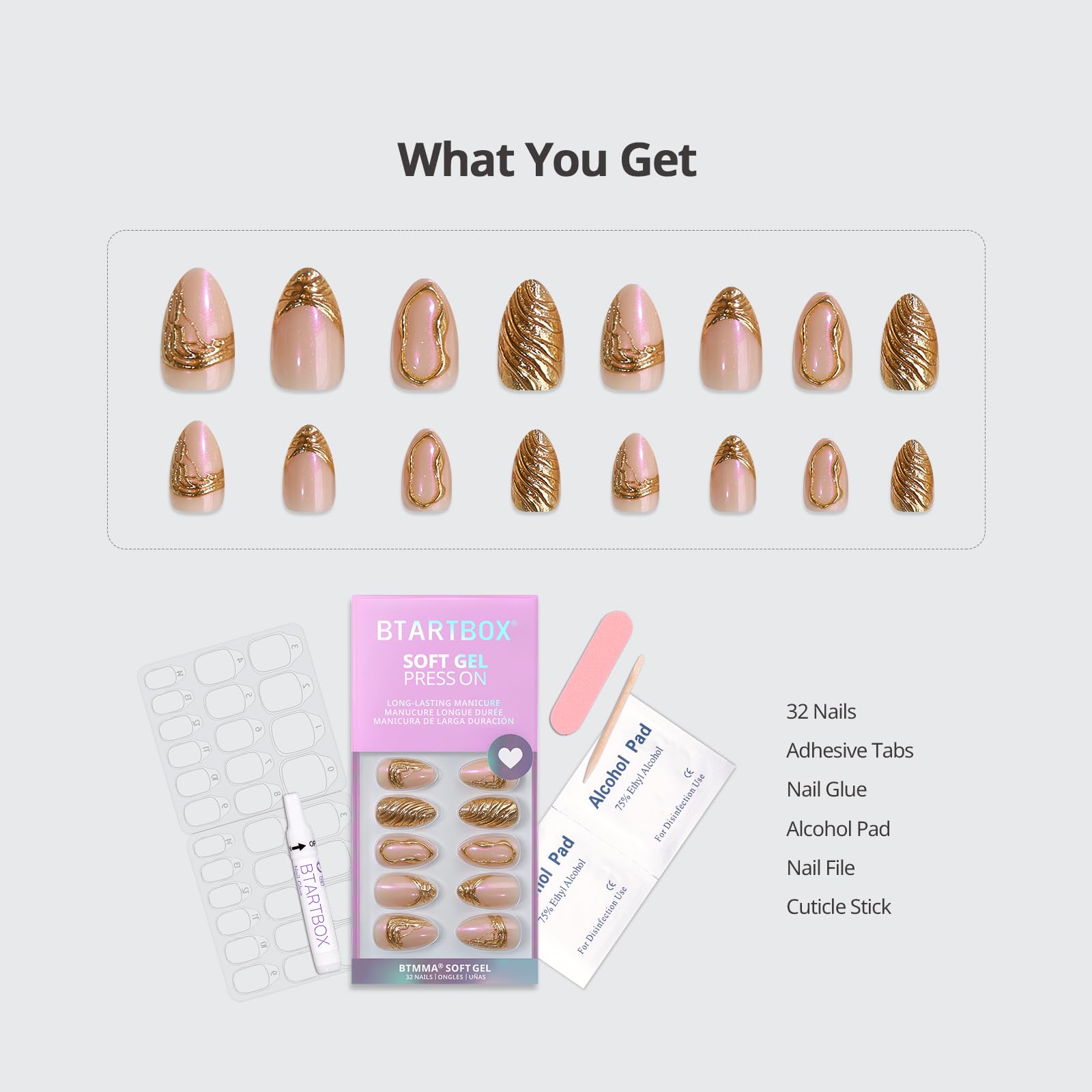BTArtbox Metalhead Press On Nails Short – 3D Gold Sculpting Almond Nails Kit with Glue (32 Nails)