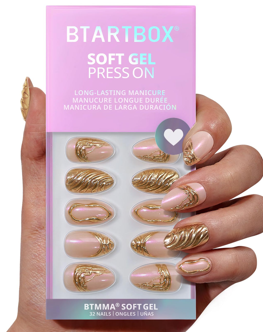 BTArtbox Metalhead Press On Nails Short – 3D Gold Sculpting Almond Nails Kit with Glue (32 Nails)