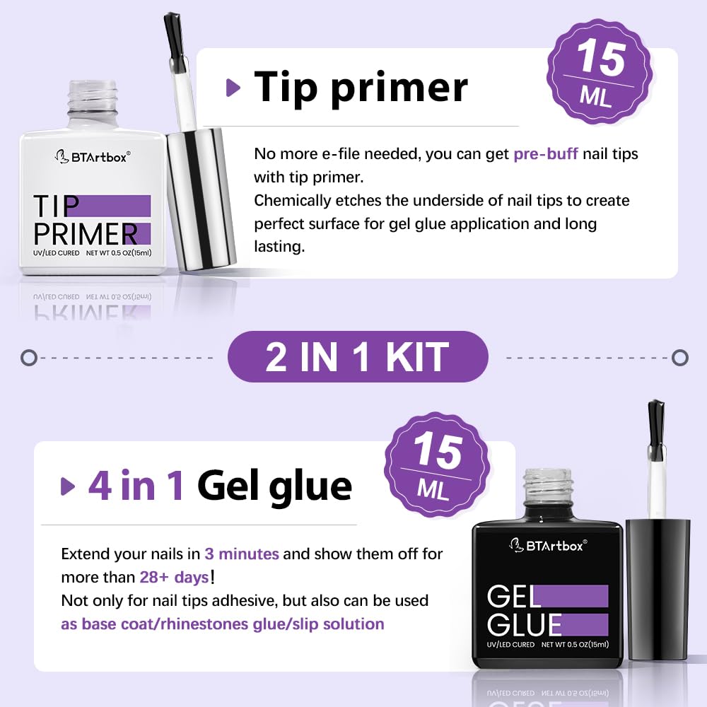 BTArtbox Nail Glue & Primer Set – 2x0.5 fl oz, 4-in-1 UV Gel for Durable Nail Extensions