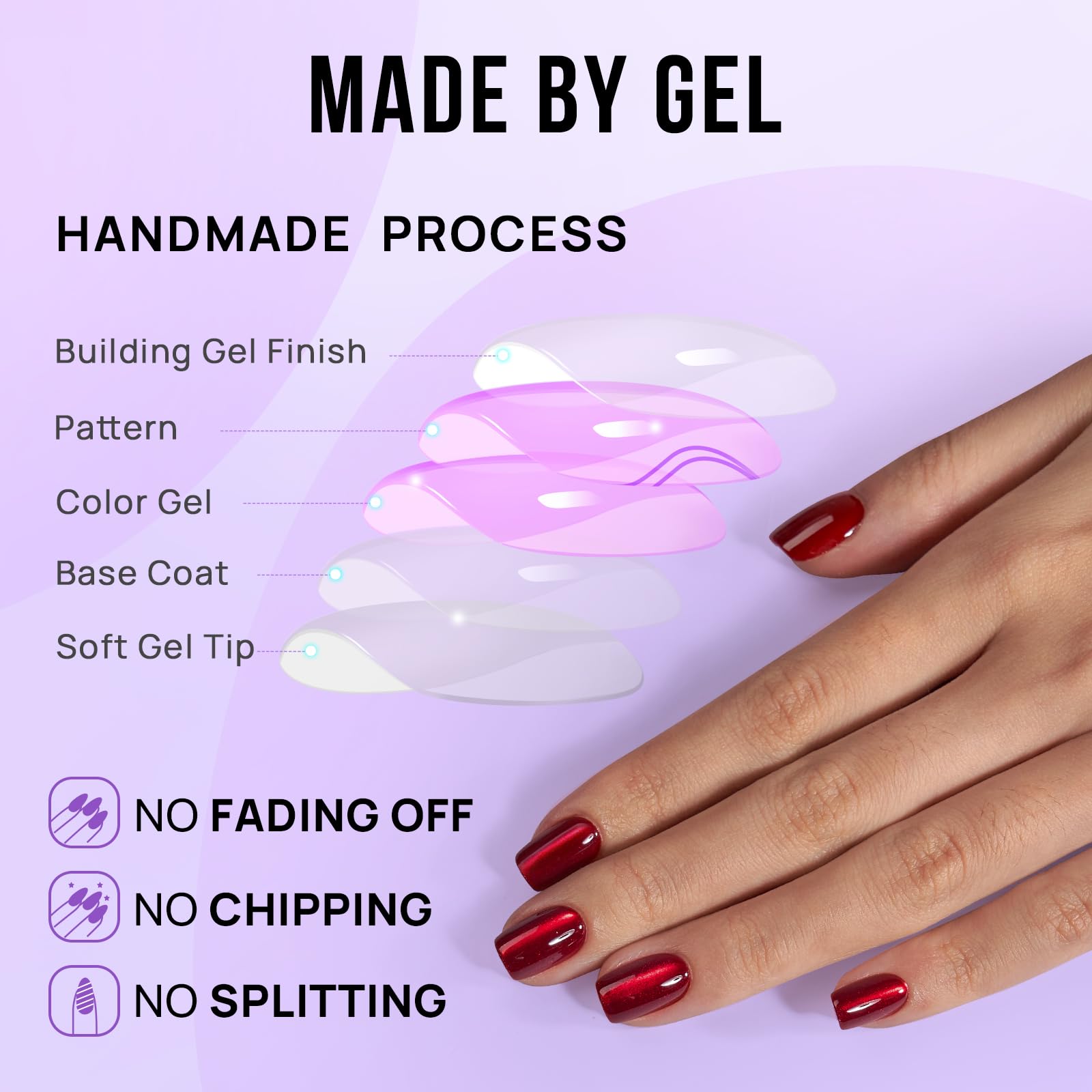 BTArtbox Press On Nails Red Cat Eye – Glossy Square Nails Kit, 30 Nails, 15 Sizes, Glue Included