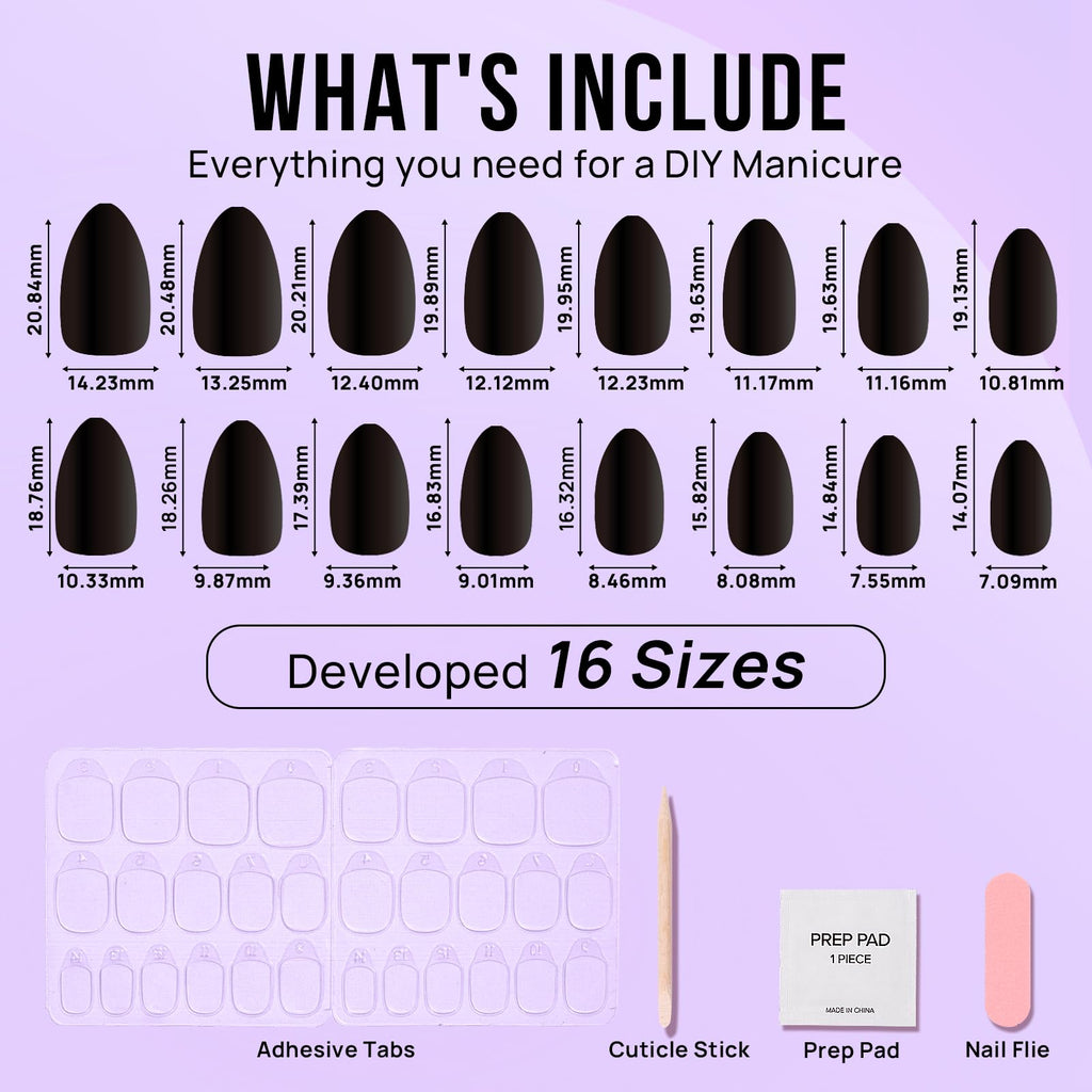 BTArtbox Black Velvet Almond Press On Nails | Soft Gel Kit, 16 Sizes, Quick Salon-Style Nails