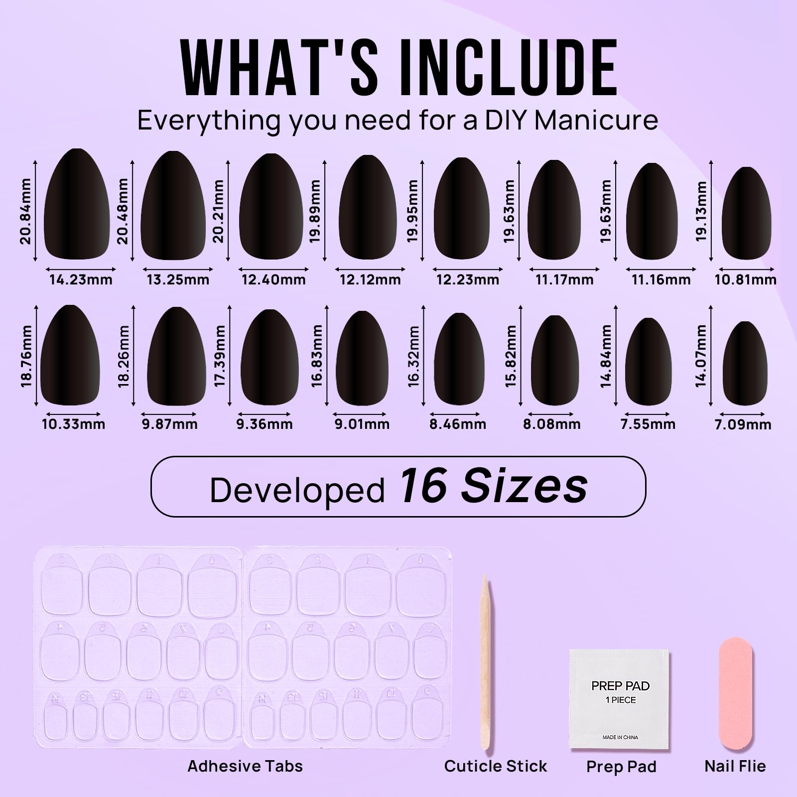 BTArtbox Black Velvet Almond Press On Nails | Soft Gel Kit, 16 Sizes, Quick Salon-Style Nails