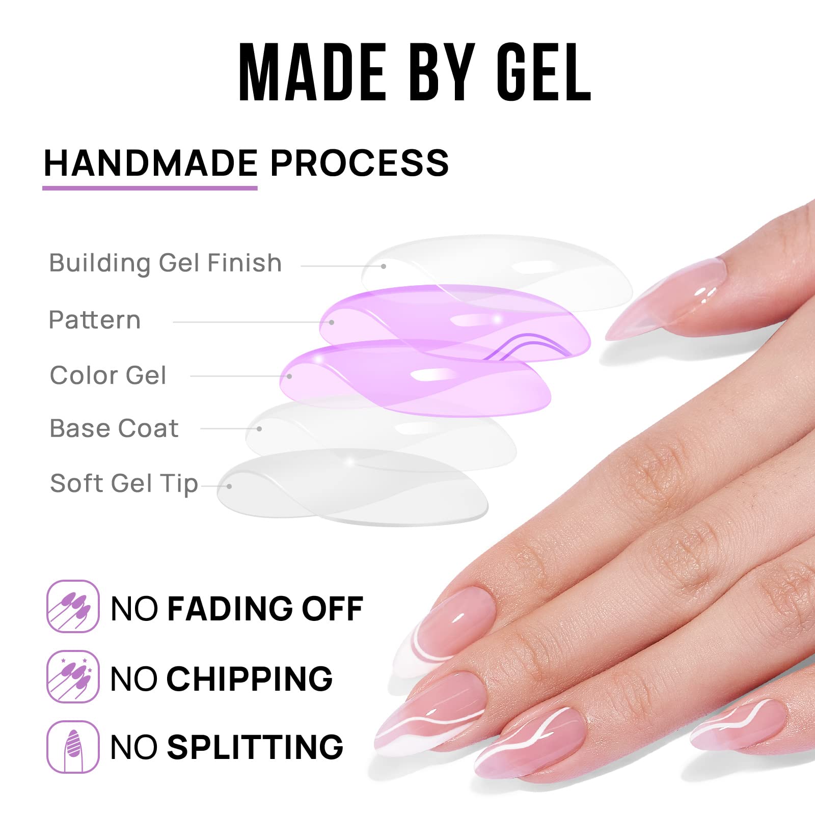 BTArtbox Press On Nails Medium – Soft Gel French Tip, Almond Shape, White Swirl, 15 Sizes + Glue & Tools