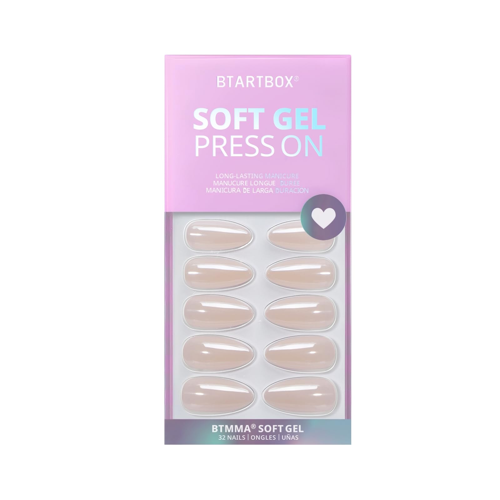 BTArtbox Press On Nails Medium Almond – Chrome Finish, Glazed Donut, 16-Size Nude Glue-On Nails
