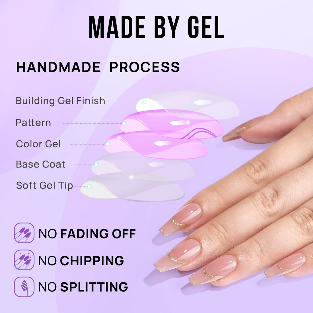 BTArtbox Press On Nails Long - Rose Gold Outline French Tip, Coffin Shape, Reusable Soft Gel, 15 Sizes
