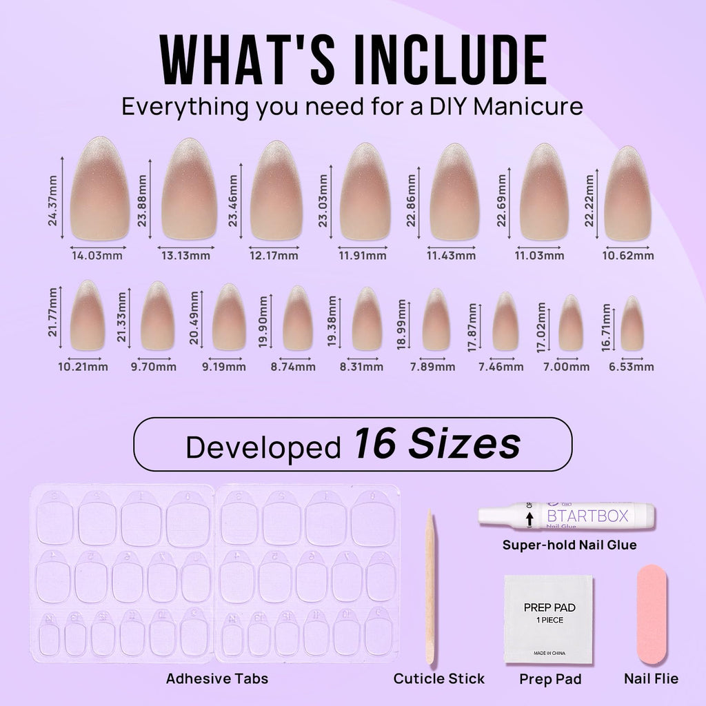 BTArtbox Press On Nails Almond – Cat Eye French Tip Kit, 30 Nails, 15 Sizes