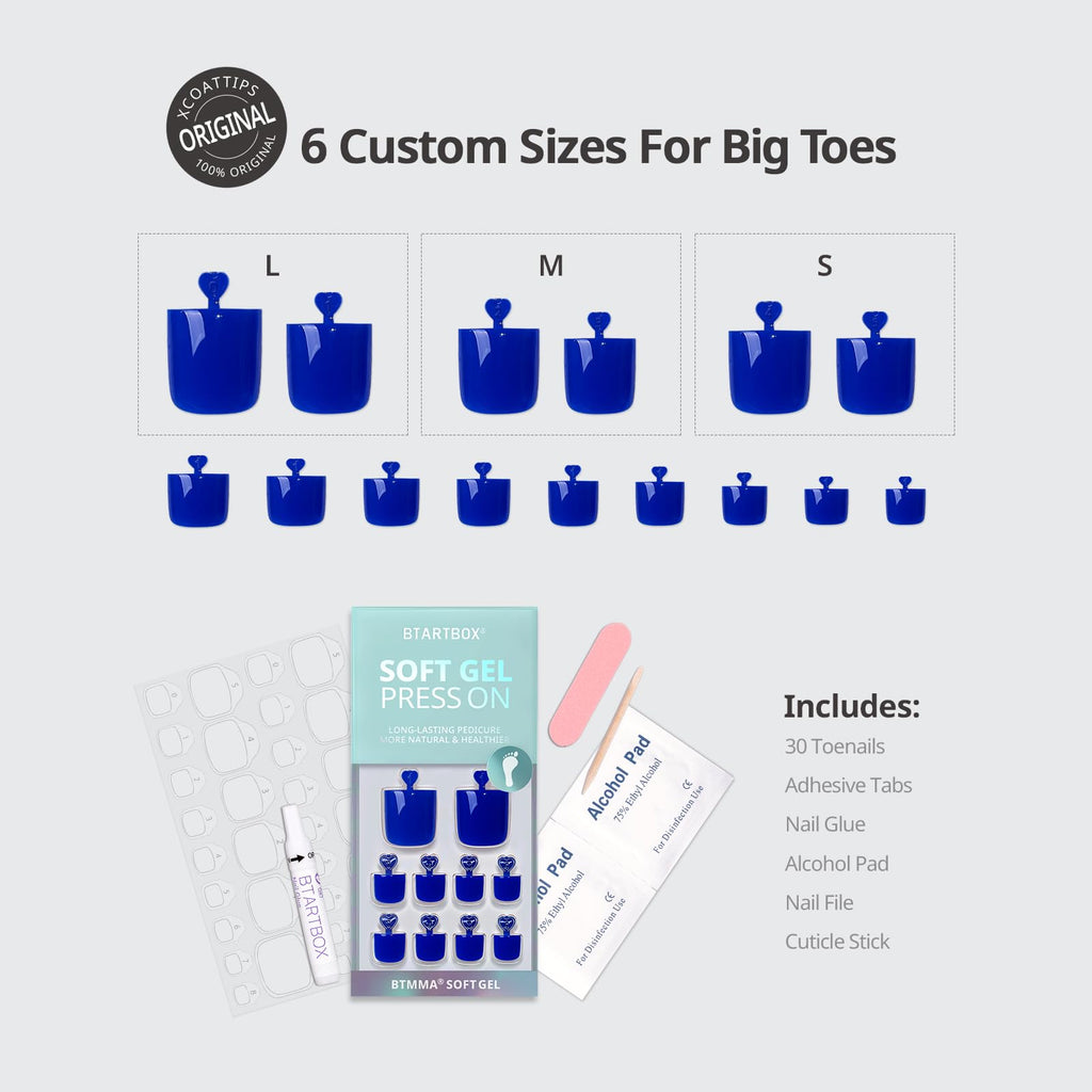 BTArtbox Naval Forces Press On Toenails – Sharp Square, Opaque Blue, 30-Nail Kit with Glue