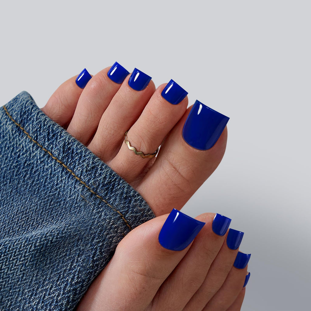 BTArtbox Naval Forces Press On Toenails – Sharp Square, Opaque Blue, 30-Nail Kit with Glue