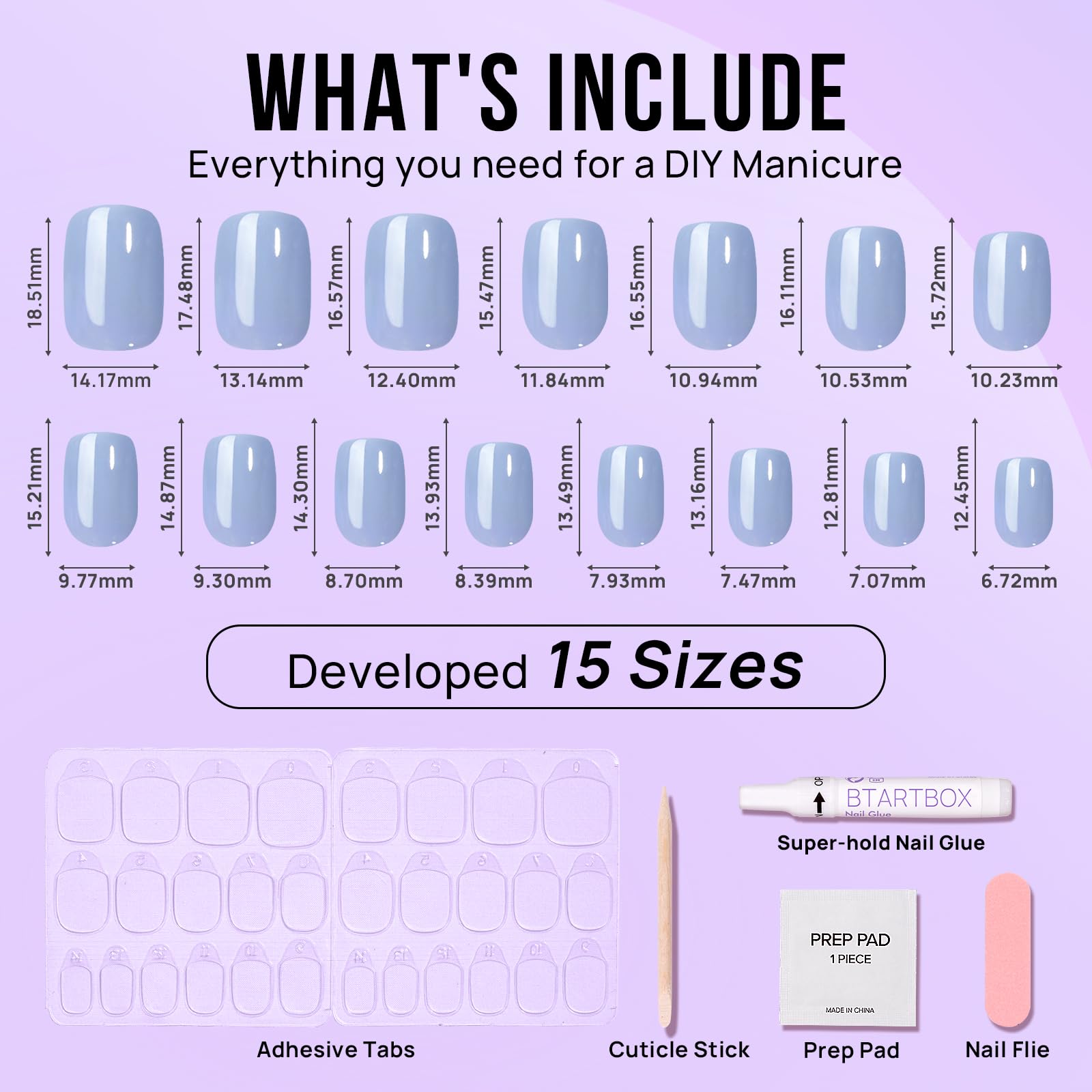 BTArtbox Ocean Glazed Short Square Press-On Nails – Blue Gloss, 15 Sizes, Glue Included