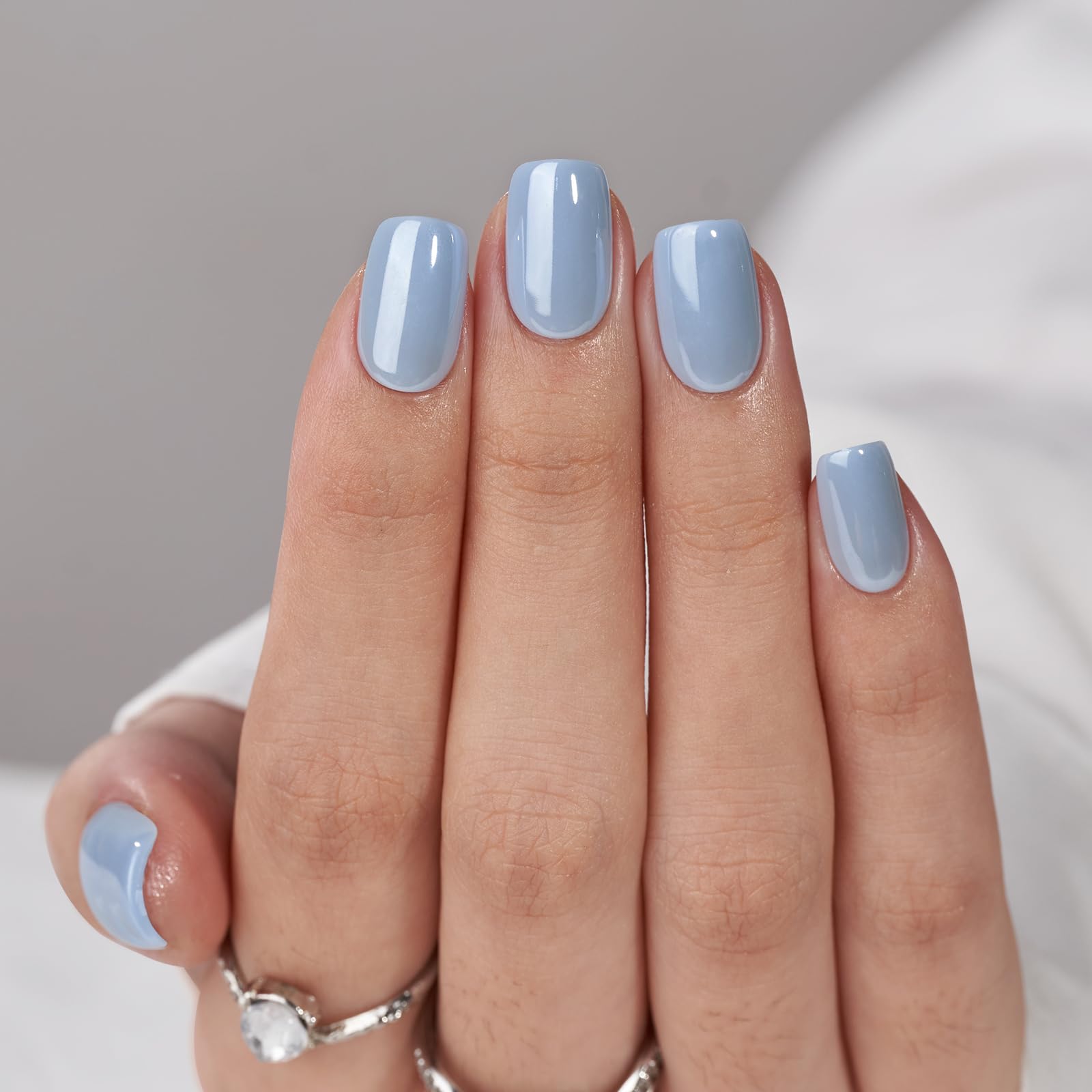 BTArtbox Ocean Glazed Short Square Press-On Nails – Blue Gloss, 15 Sizes, Glue Included