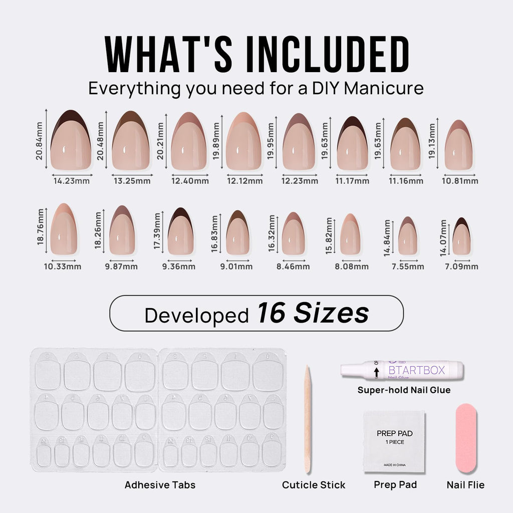 BTArtbox French Tip Press On Nails – Short Almond, Supremely Fit & Natural, 32-Piece Gel Nail Kit with Glue