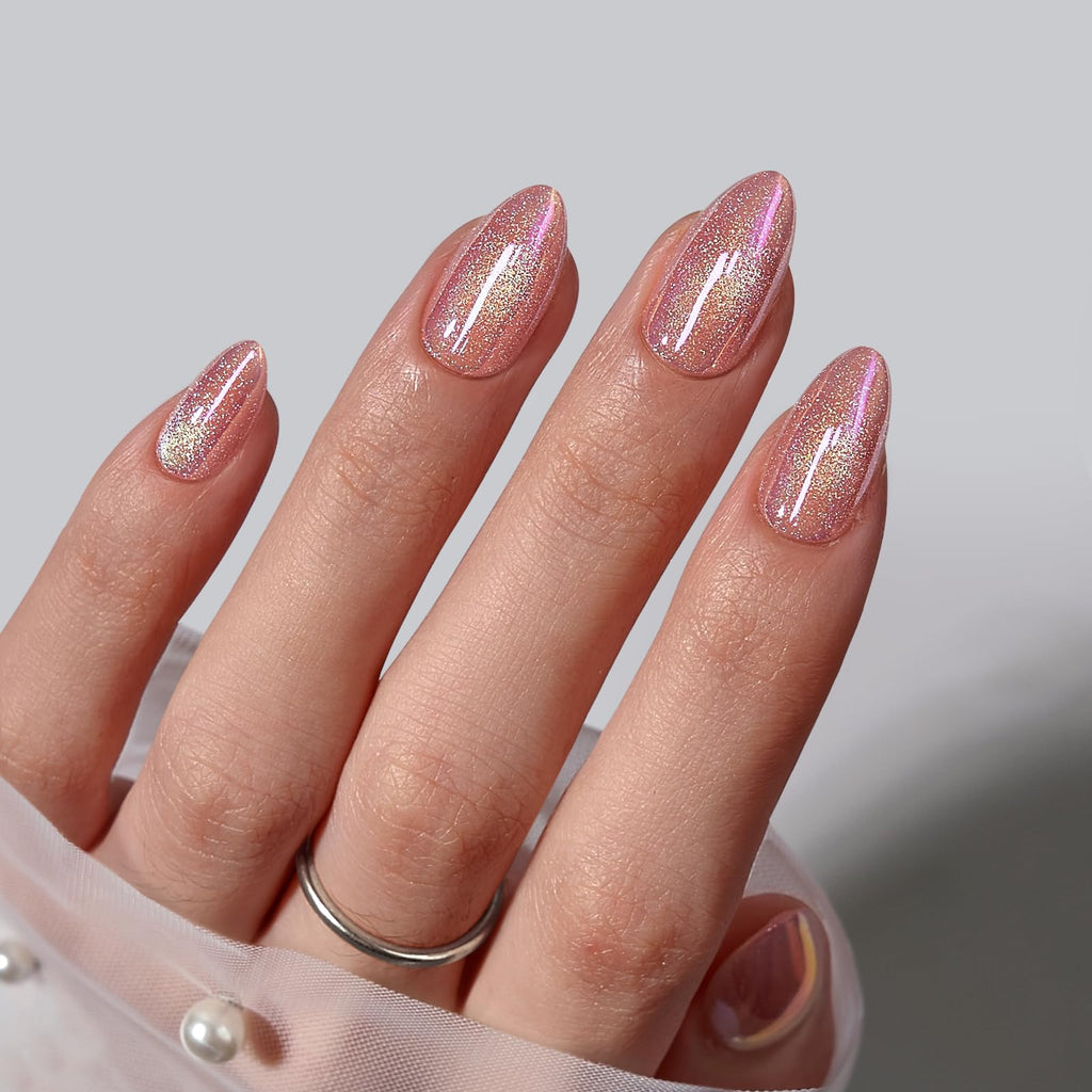 BTArtbox Pink Cat Eye Almond Press On Nails Kit – 32 Nails, Glue, 16 Sizes, Tassel Shine