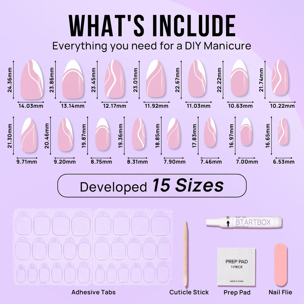 BTArtbox Press On Nails Medium – Soft Gel French Tip, Almond Shape, White Swirl, 15 Sizes + Glue & Tools