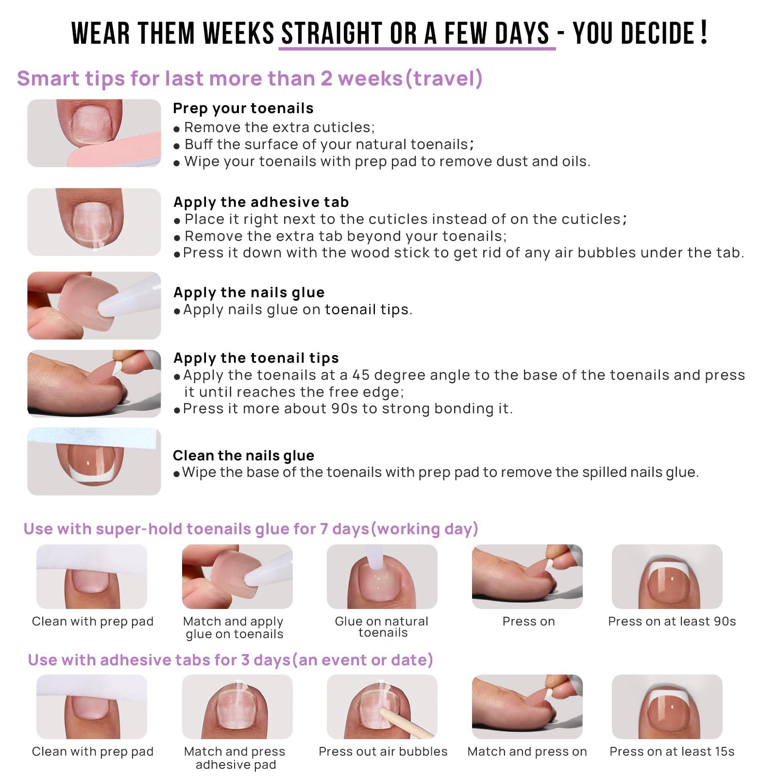 BTArtbox Press On Toenails – White Short Square, Lightweight Glue-On Nails (32 Nails, 16 Sizes)