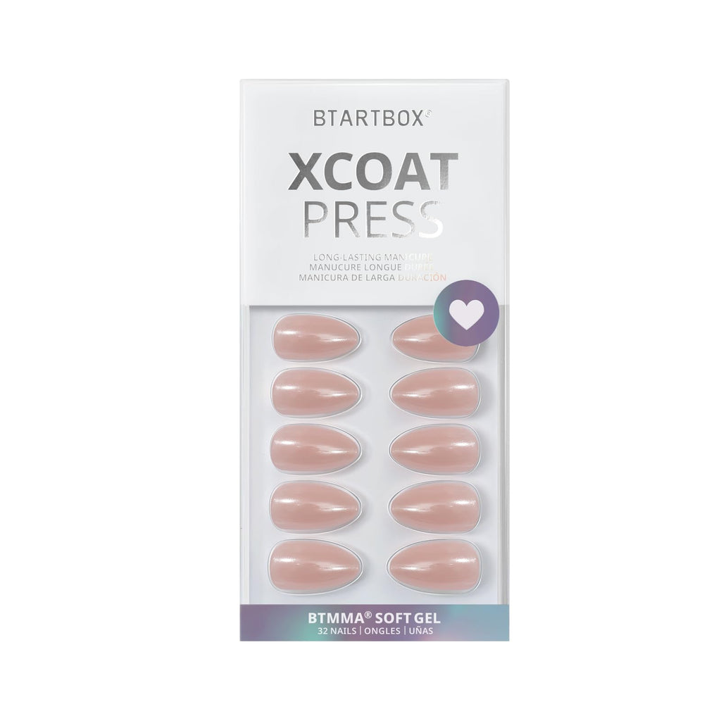 BTArtbox Almond Press On Nails Nudies – 30 Nails, 15 Sizes, Gel-Based, Glossy Nude