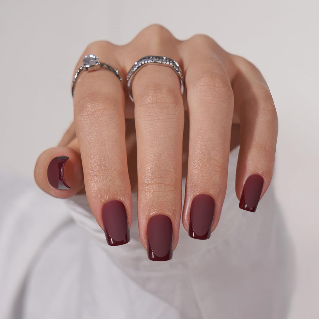 BTArtbox Cozy Cocoa Press-On Nails — Short Square, Glossy French Tips, Matte Finish, 16 Sizes, Valentine’s Day Gift
