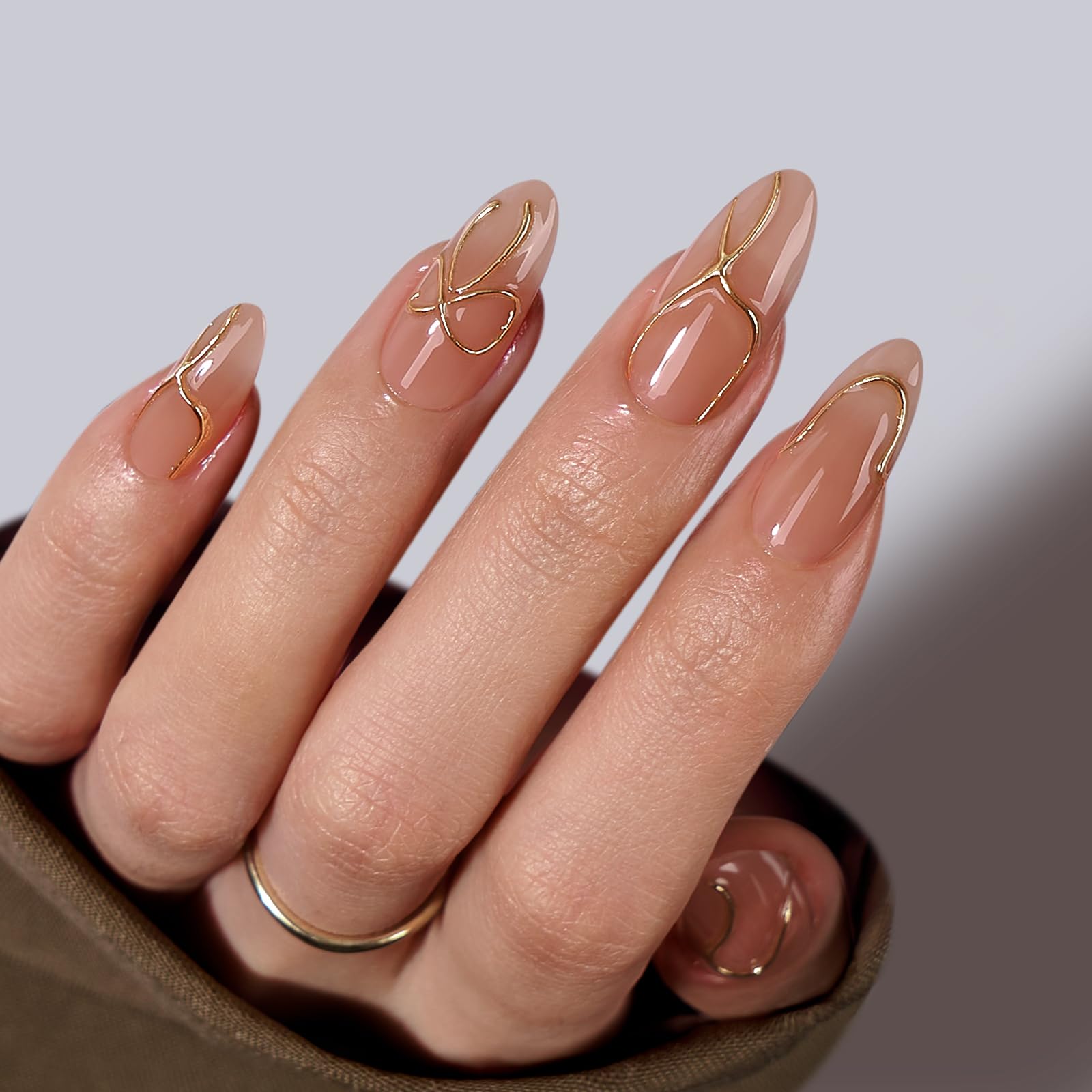 BTArtbox Press On Nails Almond – 3D Gold Lines, 15 Sizes, Glue Included