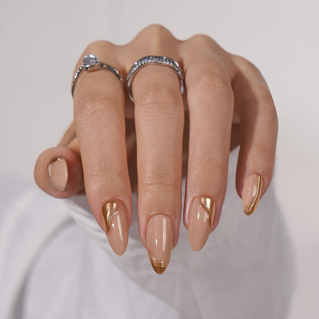 BTArtbox Almond Press On Nails – Medium Gel Nails with 3D Metallic Design, 15 Sizes