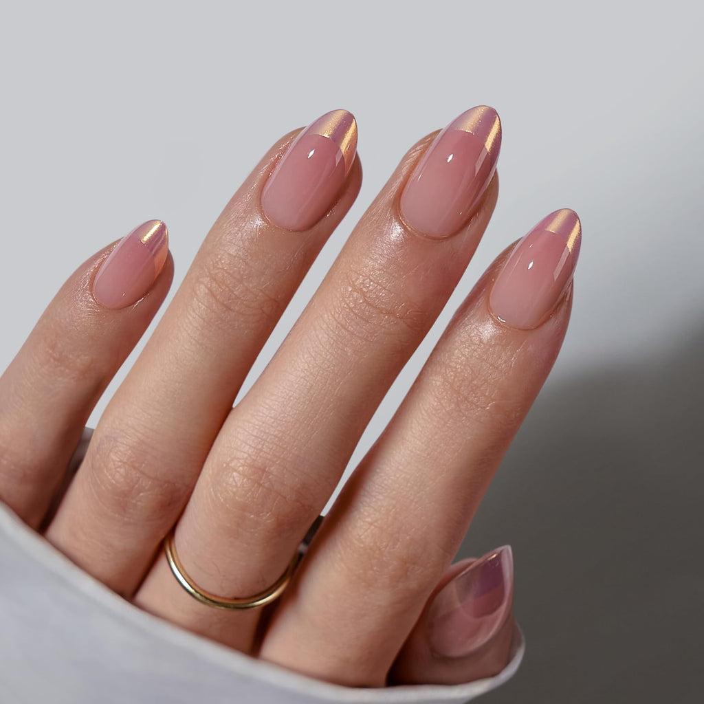 BTArtbox Press On Nails Short – Chrome French Tip Almond | 32 Nails, 16 Sizes, Glue Kit